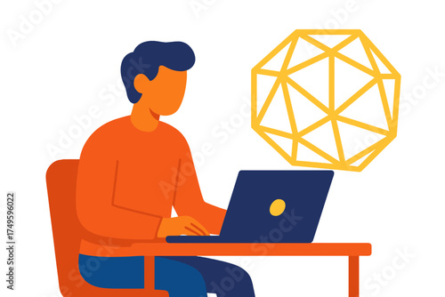 Person focused on computer screen with abstract geometric shape floating above