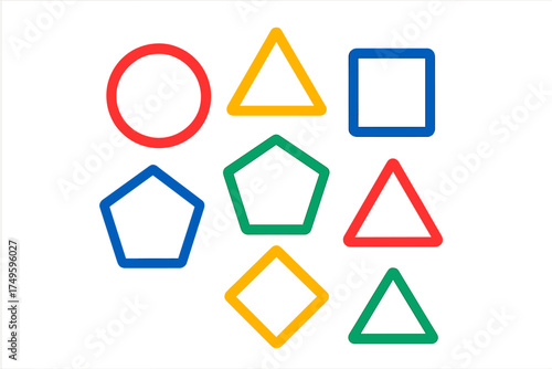Set of basic geometric shapes outlines in primary and secondary colors