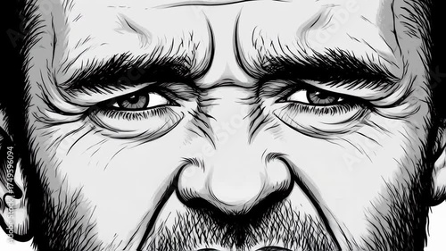 Detailed Portrait of a Mans Face with Intense Expression in Black and White.