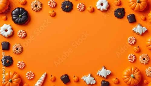 flat lay border of halloween candies cookies and pumpkins on solid orange background with central empty space, concept of seasonal food, holiday party banner, retail promotion