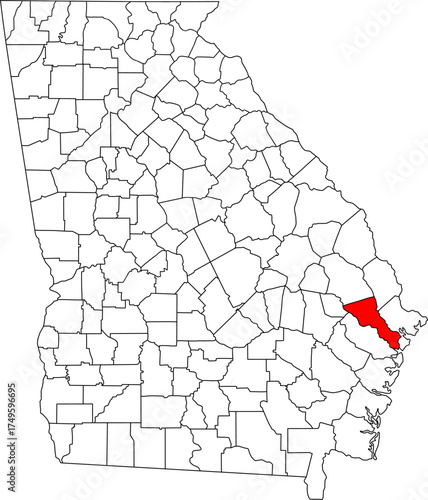 Detailed vector map of Georgia highlighting Bryan County, a southeastern coastal territory near Savannah, experiencing rapid growth and containing portions of the Fort Stewart military reservation.

