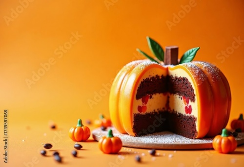 close up of pumpkin cake with slice removed revealing heart pattern inside on wood stand with miniature pumpkins on orange background, concept of bakery business, autumn recipes, dessert catering