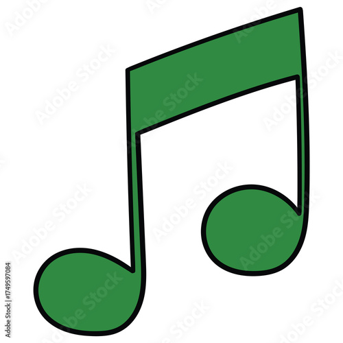 Hand-drawn cartoon green musical note on a white background.