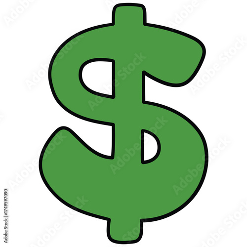 Hand-drawn cartoon green dollar sign on a white background.
