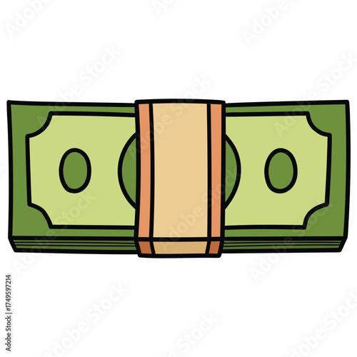 Hand-drawn cartoon stack of green banknotes on a white background.