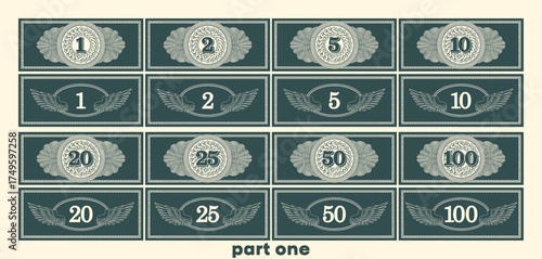 Vector set of dark green banknotes. Openwork guilloche pattern. Circles and wings. Denominations 1, 2, 5, 10, 20, 25, 50, and 100. Note collection. Part 1