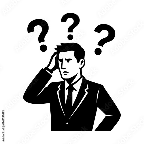 Confused businessman with question marks, symbolizing doubt, uncertainty, and problem-solving concept
