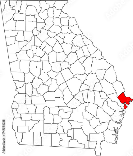Detailed vector map of Georgia highlighting Chatham County, the core southeastern coastal territory containing the historic city of Savannah and its major international port facilities.

