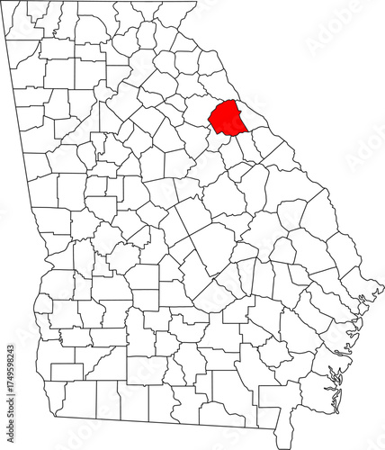 Detailed vector map of Georgia highlighting Wilkes County, a historically significant east-central territory, bordering Lake Strom Thurmond and known for its agricultural economy.

