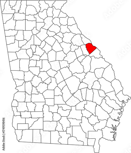 Detailed vector map of Georgia highlighting Columbia County, a highly populous and affluent eastern suburban territory located near Augusta, bordered by the Savannah River and Lake Strom Thurmond.

