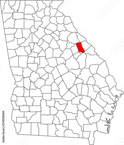 Detailed vector map of Georgia highlighting McDuffie County, an east-central territory west of Augusta, featuring the border created by Lake Strom Thurmond and the city of Thomson.

