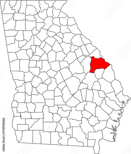 Detailed vector map of Georgia highlighting Burke County, an eastern territory bordering the Savannah River and South Carolina, notable for its agricultural economy and the Vogtle Nuclear Plant.

