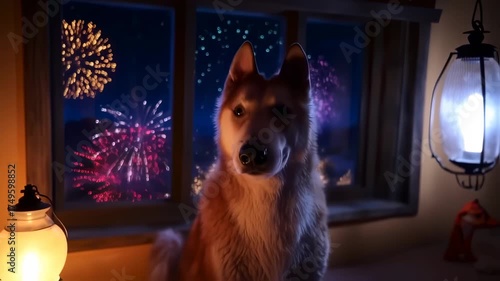 Dog Watching Fireworks Display from Indoors on New Years Eve.