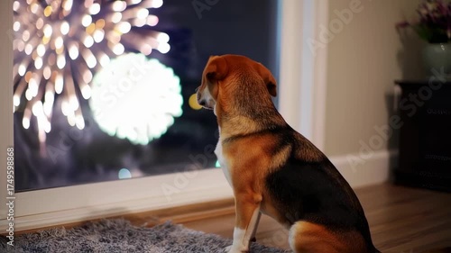 Dog Watching Fireworks Display Through Window at Night.
