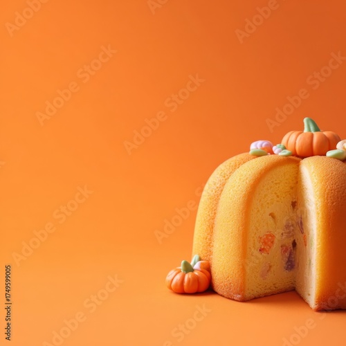 close up of sliced pumpkin shaped pound cake with colorful embeds inside and a mini pumpkin on solid orange background with copy space, concept of bakery business, autumn desserts, food blog