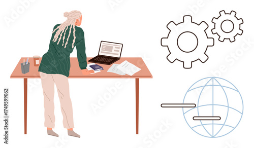 Woman standing at desk reviewing laptop work and physical documents. Gears and globe symbolize productivity, technology, globalization, innovation, strategy, decision-making, and progress. Ideal