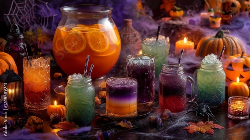 dark and spooky halloween punch bowl and assortment of colorful glowing cocktails in glasses with spiderwebs candles and pumpkins, concept of holiday party drinks, bar promotion, seasonal catering