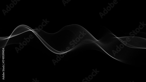 Abstract futuristic black background with glowing white dots in a wave pattern motion seamless loop. Features smooth-flowing waveforms with a minimalistic digital design.