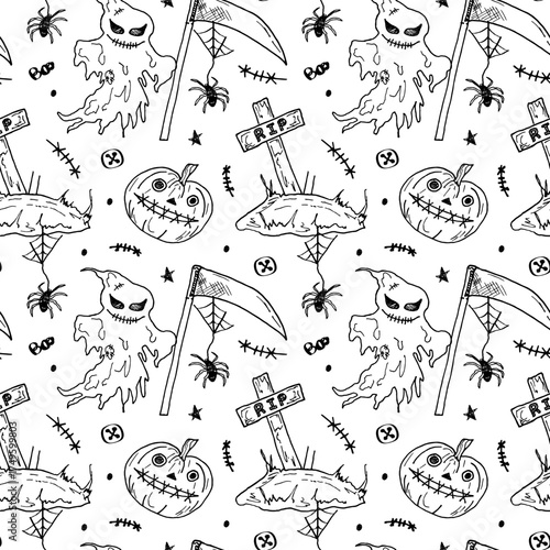 Seamless Halloween pattern with creepy ghosts, graves, spiders, and pumpkins. Design with outline drawings in doodle style. Ready-made design for festive packaging, fabrics, banners, wrapping paper.