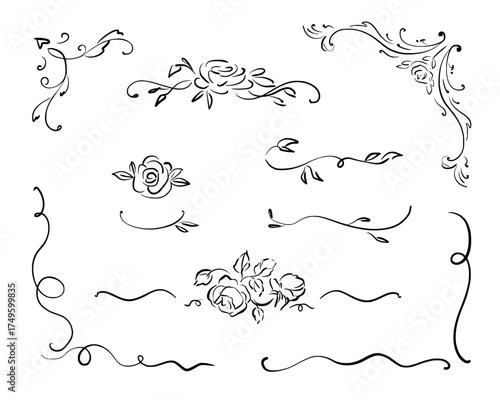 Ornate vintage floral corners, dividers, and swirls in whimsical line art style. Quickly sketched vector illustration for greeting cards, wedding invitations, book design, romantic decor, certificate