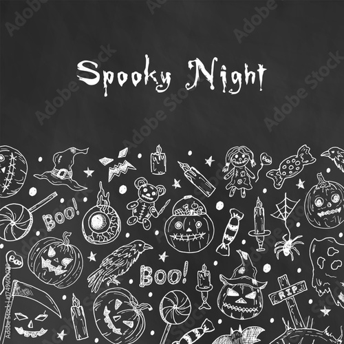 Square background design with Halloween doodle illustrations on a blackboard. Pumpkin, candle, crow, grave, candy, spiders. Banner for a spooky Halloween with space for text
