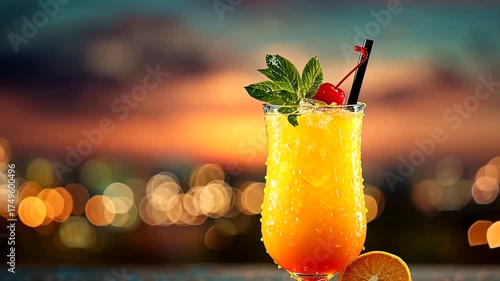 Refreshing Tropical Cocktail with Citrus Garnish Against a Beautiful Sunset Background