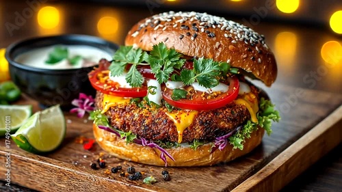 Delicious Gourmet Burger with Fresh Vegetables and Creamy Sauce on Wooden Board