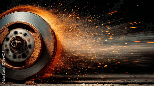 Macro shot of a car wheel during hard braking, brake disc spinning rapidly, left side rusted, right side metallic, sparks and dust flying, motion blur, dramatic lighting from sparks