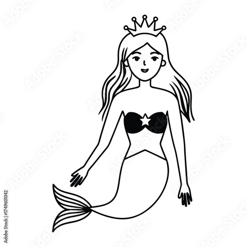 A whimsical hand drawn illustration of a beautiful mermaid wearing a crown and a seashell bra sitting gracefully with her tail curled