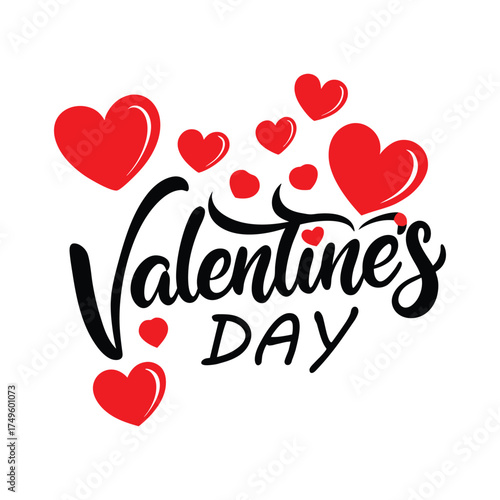 Handwritten valentines day text with a playful arrangement of red hearts in various sizes and styles perfect for romantic celebrations and expressions of love