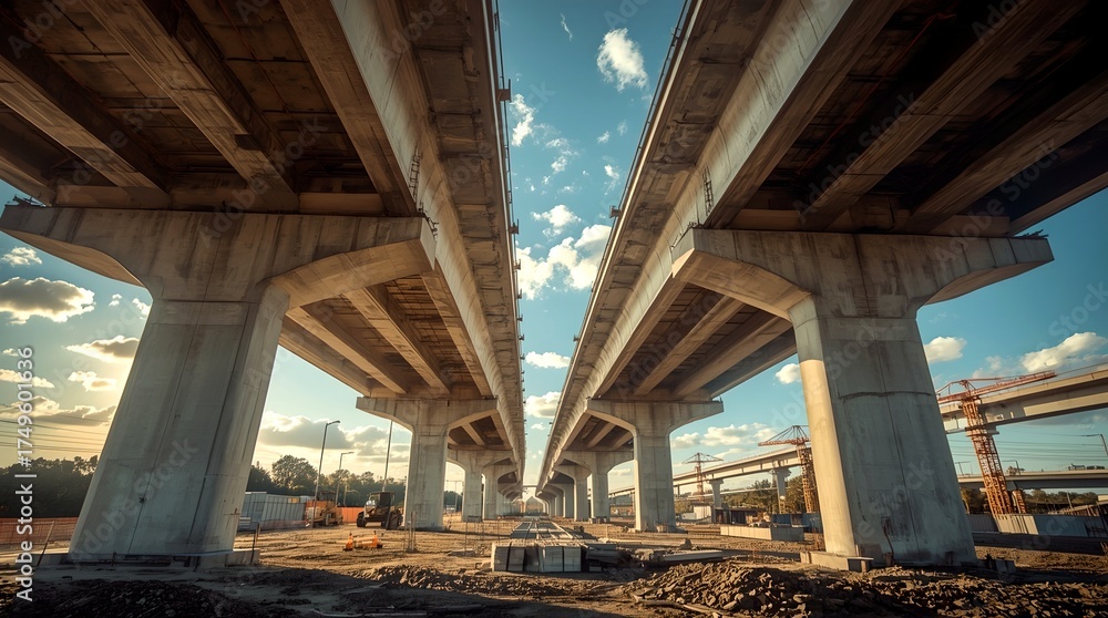 Fototapeta premium under a sky filled with clouds. The photograph presents a unique perspective of an expansive structure