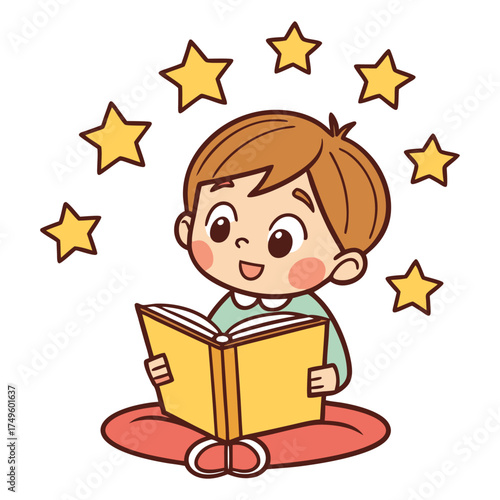 A happy young boy with rosy cheeks sits cross legged reading an open book surrounded by sparkling golden stars representing imagination and learning