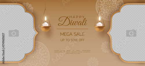 Wedding invitation card. Hindi Diwali holiday horizontal luxury banner. Photo space in gold frame, hanging oil lamps and mandala decor. Diwali Festival Sale Banner