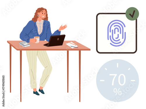 Woman engaging in work on laptop at desk, illustrating digital security via fingerprint authentication and a 70 progress indicator. Ideal for technology, workplace, security, progress