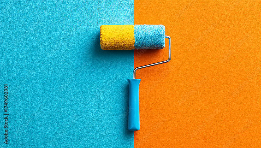 Obraz premium A paint roller with blue and yellow paint, centered in the frame against an isolated bright orange and light cyan background.