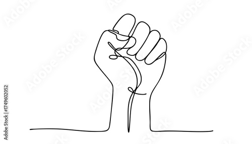 Single line drawing in modern minimalist style of feminist power fist symbol on white background with copy space