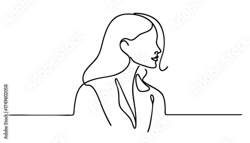 Single line drawing in modern minimalist style of professional woman in formal suit profile view on white background with copy space