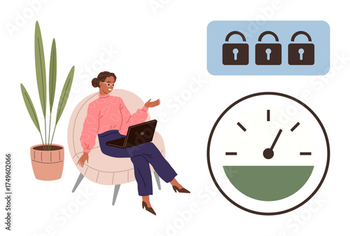 Woman working on laptop, security locks indicating data protection, and speedometer symbolizing productivity. Ideal for cybersecurity, productivity, balance, safety, efficiency, online tools digital