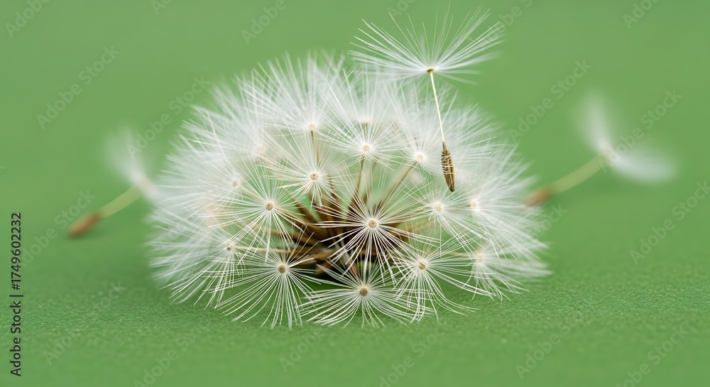 Fototapeta premium Delicate Dandelion Seed Head on Green Background.