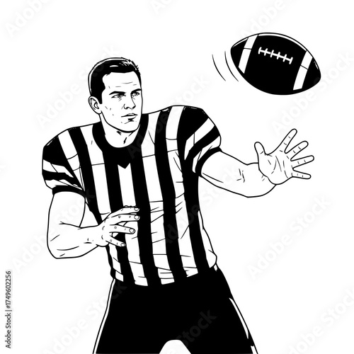 American football referee throwing ball sport athlete professional action game competition play lines 100 char