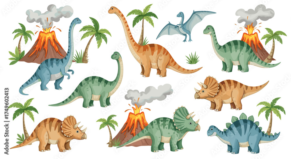Fototapeta premium A prehistoric jungle scene populated with various species of dinosaurs near erupting volcanoes and palm trees.