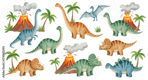 A prehistoric jungle scene populated with various species of dinosaurs near erupting volcanoes and palm trees.