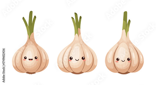 Cute garlic heads with smiling faces and green sprouts on top.