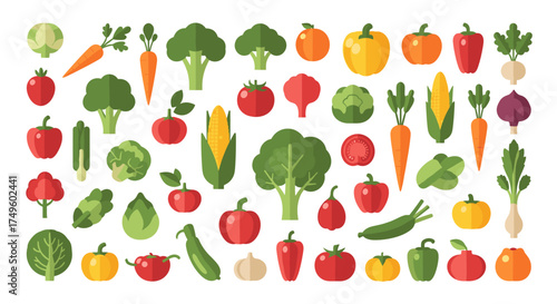 A vibrant collection of fresh produce including a variety of colorful vegetables and fruits arranged in a grid pattern.