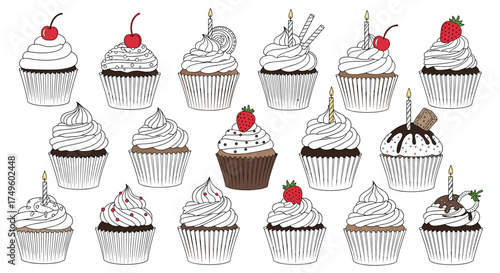 A delightful collection of hand drawn cupcakes with various toppings and decorations perfect for any celebration.