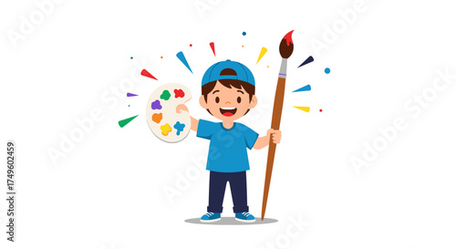 A young boy with a painter's palette and brush celebrates his artistic creation.