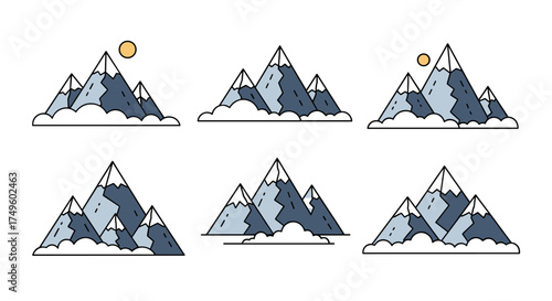 Set of stylized cartoon mountain ranges with snow capped peaks and clouds.