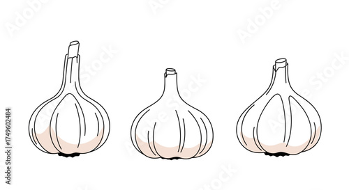 Three stylized garlic bulbs on a white background in a simple line drawing style.