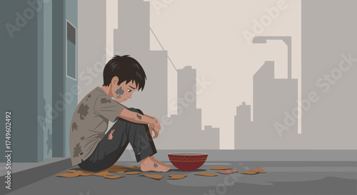 A young child sits alone on a city street with a bowl and empty wrappers.