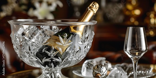 Elegant bottle of champagne chilling in a crystal ice bucket with a glass ready for celebration